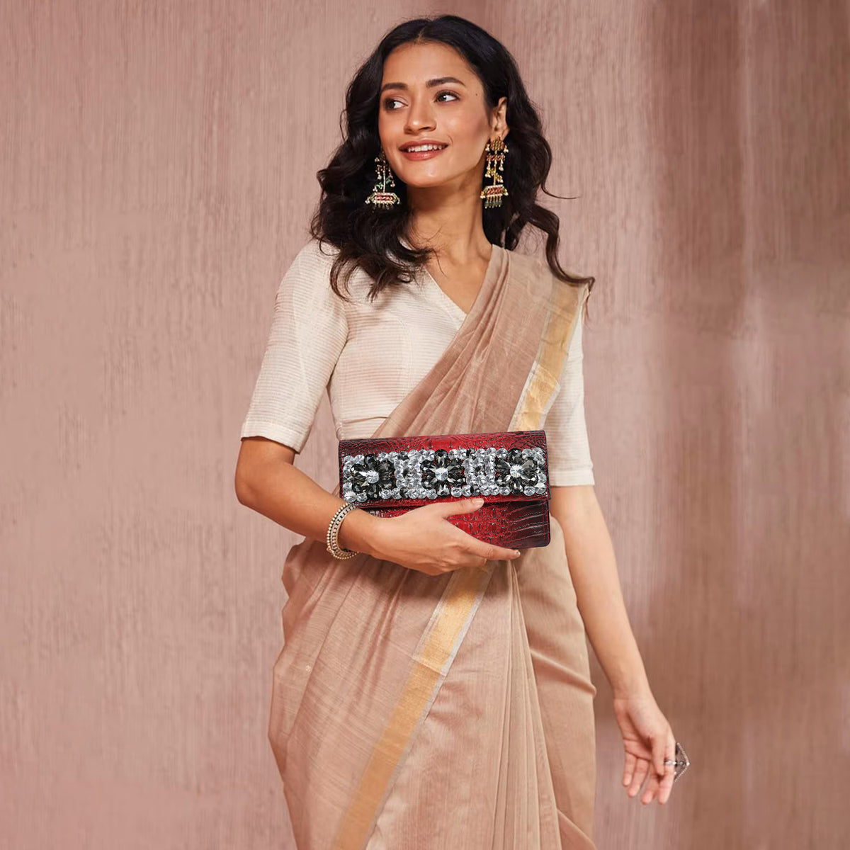 Red Embellished Designer Clutch For Function