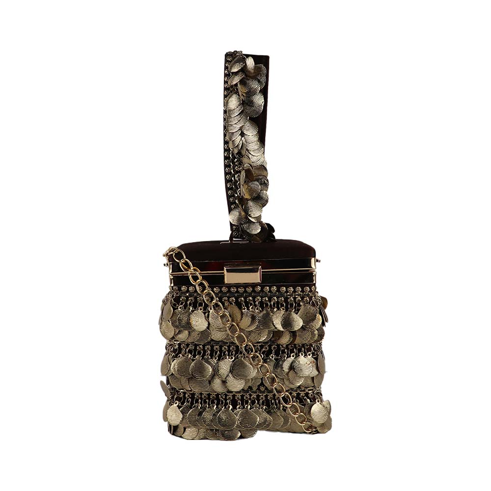 Antique Gold Coin Tassel Handbag – Luxe Velvet Box Clutch