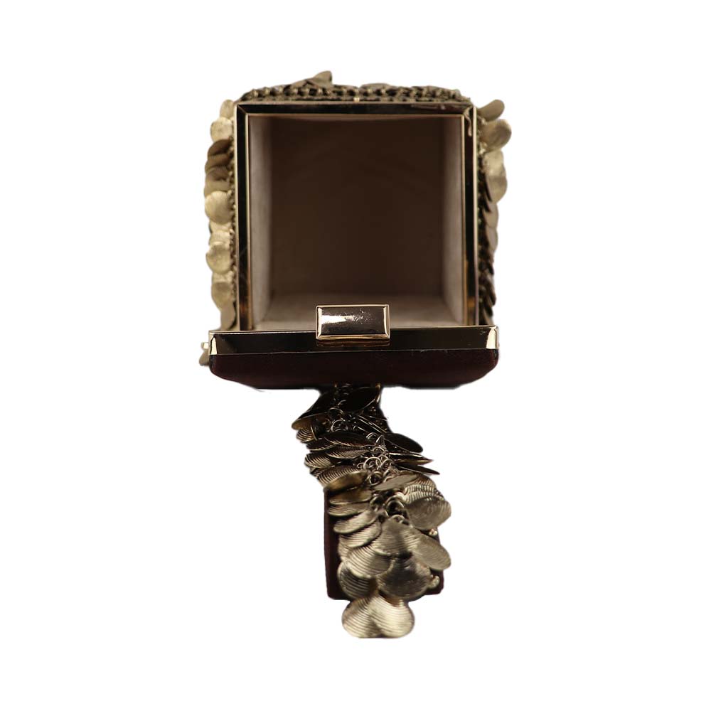 Antique Gold Coin Tassel Handbag – Luxe Velvet Box Clutch