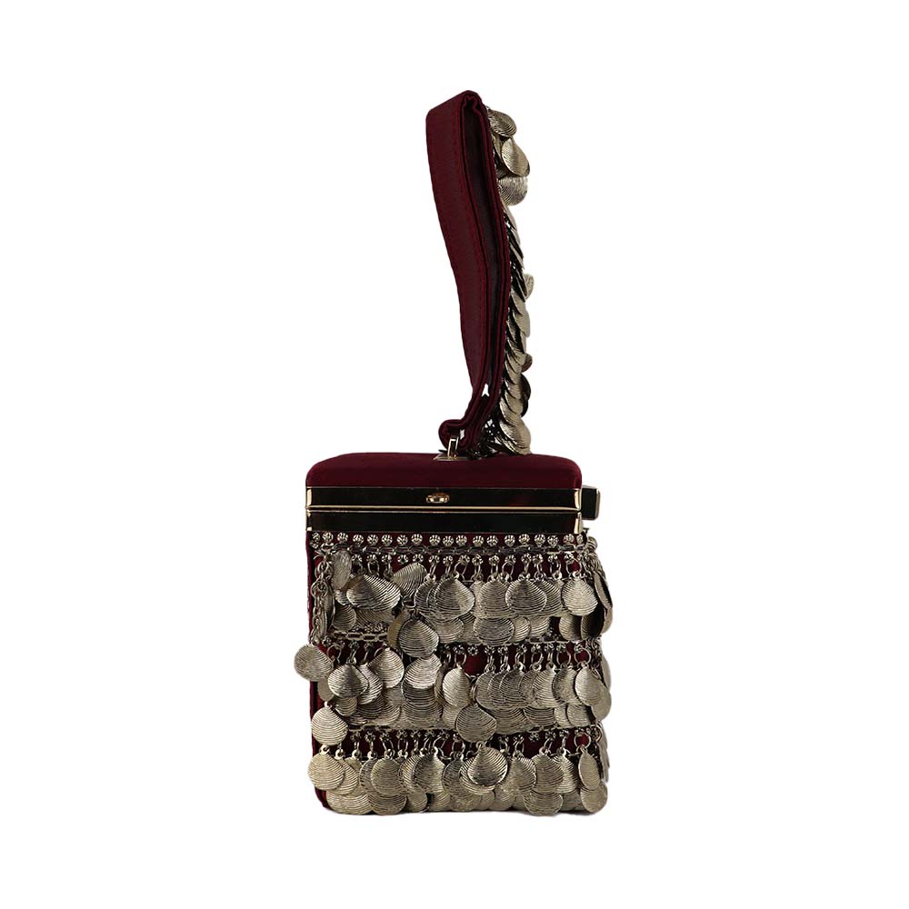 Antique Gold Coin Tassel Handbag – Luxe Velvet Box Clutch