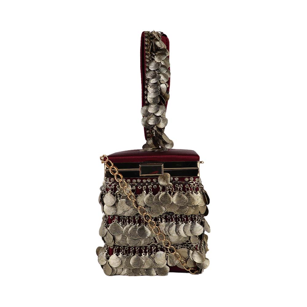 Antique Gold Coin Tassel Handbag – Luxe Velvet Box Clutch