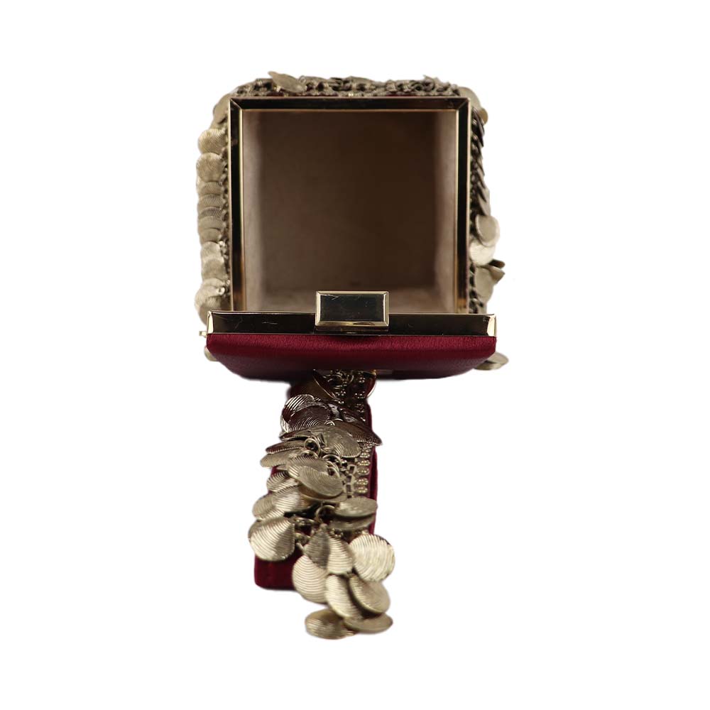 Antique Gold Coin Tassel Handbag – Luxe Velvet Box Clutch