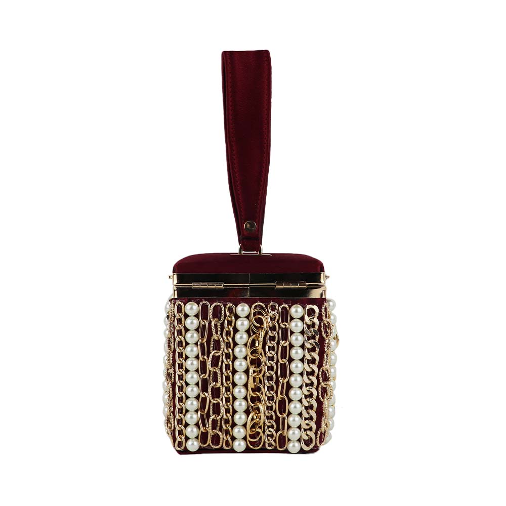 Luxury Velvet Box Potli Bag with Pearl & Gold Chain Detailing