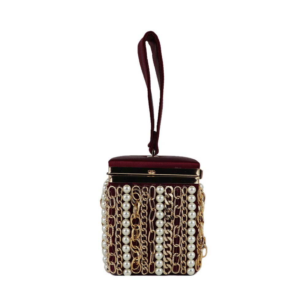 Luxury Velvet Box Potli Bag with Pearl & Gold Chain Detailing