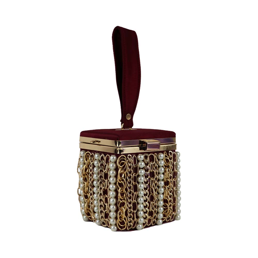 Luxury Velvet Box Potli Bag with Pearl & Gold Chain Detailing