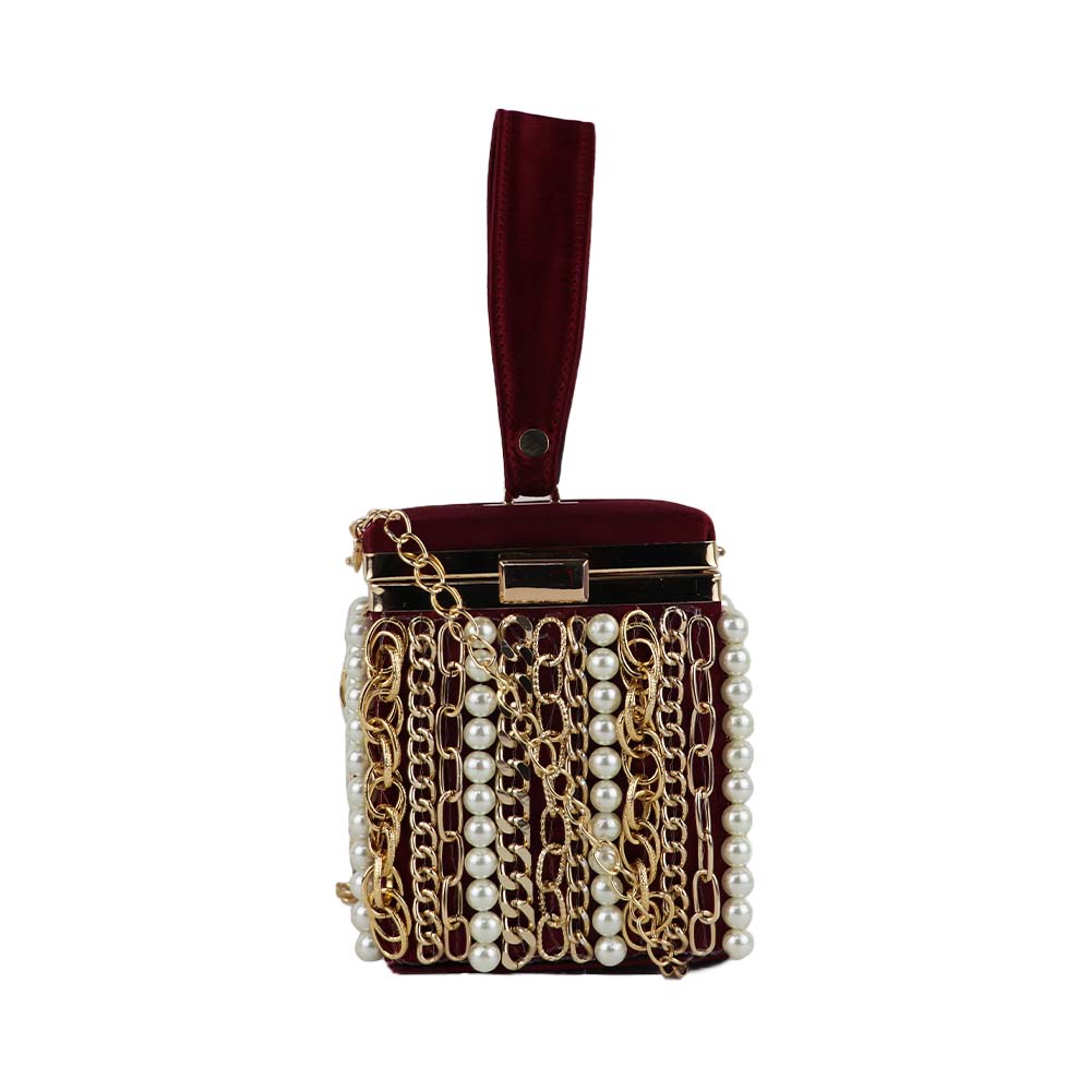 Luxury Velvet Box Potli Bag with Pearl & Gold Chain Detailing