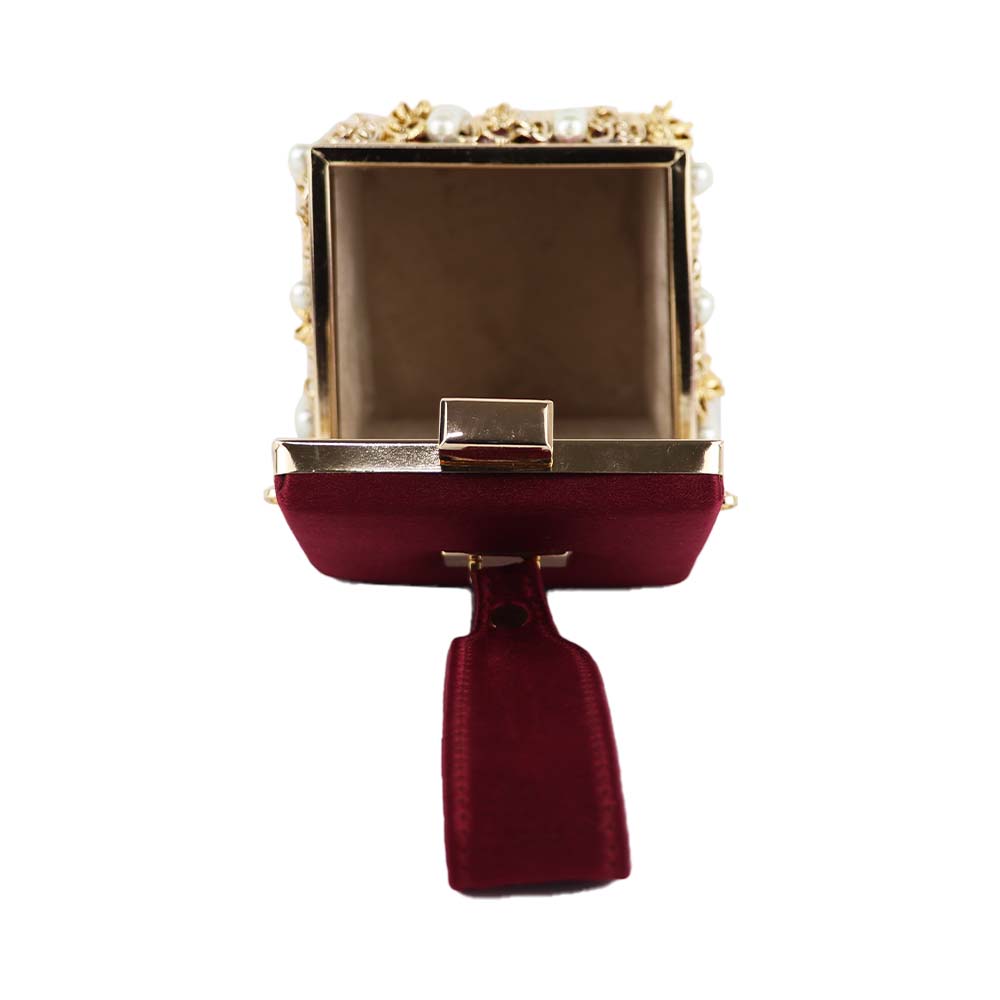 Luxury Velvet Box Potli Bag with Pearl & Gold Chain Detailing