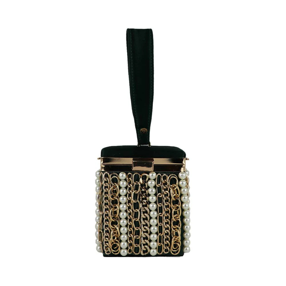 Luxury Velvet Box Potli Bag with Pearl & Gold Chain Detailing
