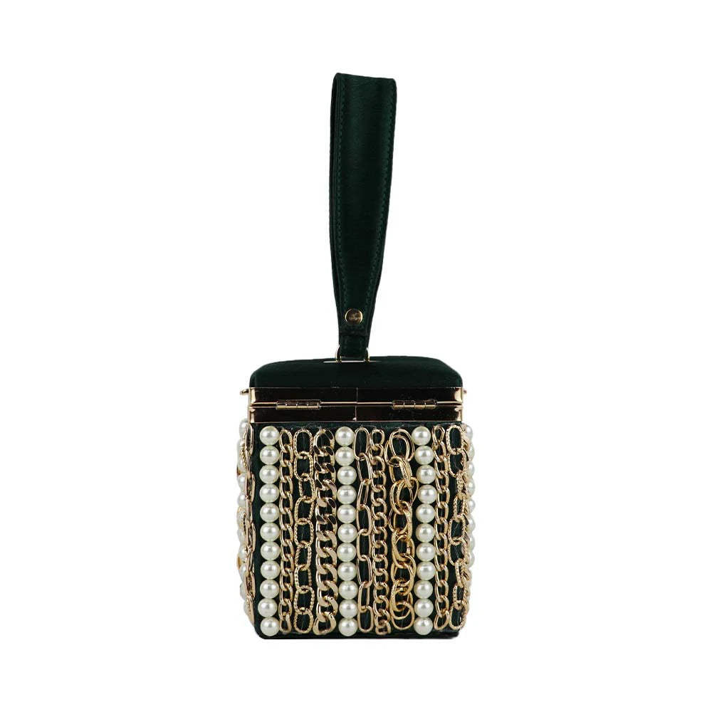 Luxury Velvet Box Potli Bag with Pearl & Gold Chain Detailing