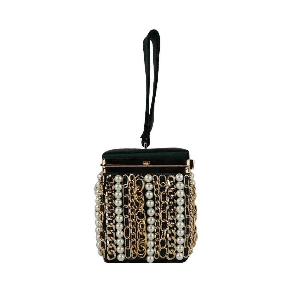 Luxury Velvet Box Potli Bag with Pearl & Gold Chain Detailing