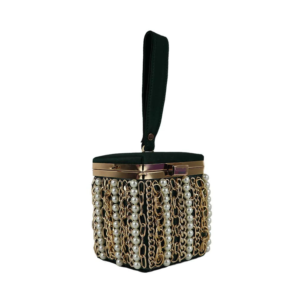 Luxury Velvet Box Potli Bag with Pearl & Gold Chain Detailing