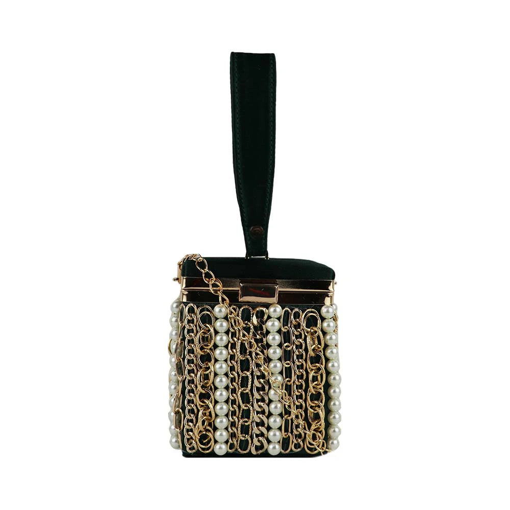 Luxury Velvet Box Potli Bag with Pearl & Gold Chain Detailing