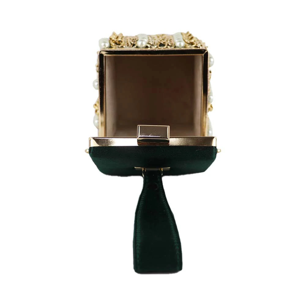 Luxury Velvet Box Potli Bag with Pearl & Gold Chain Detailing