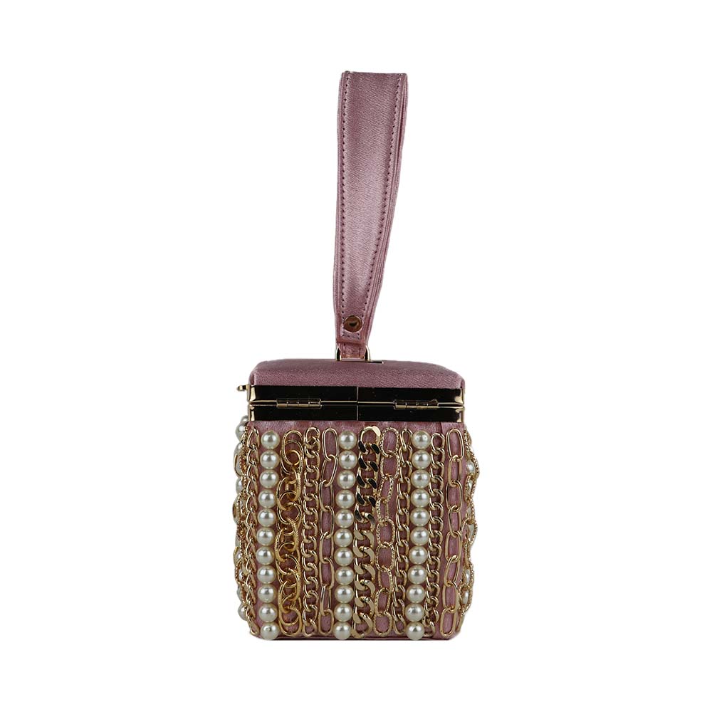 Luxury Velvet Box Potli Bag with Pearl & Gold Chain Detailing