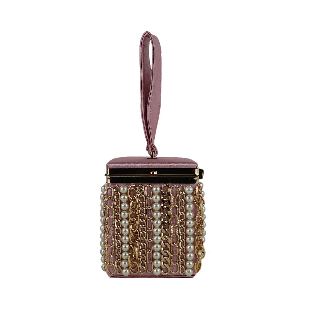 Luxury Velvet Box Potli Bag with Pearl & Gold Chain Detailing
