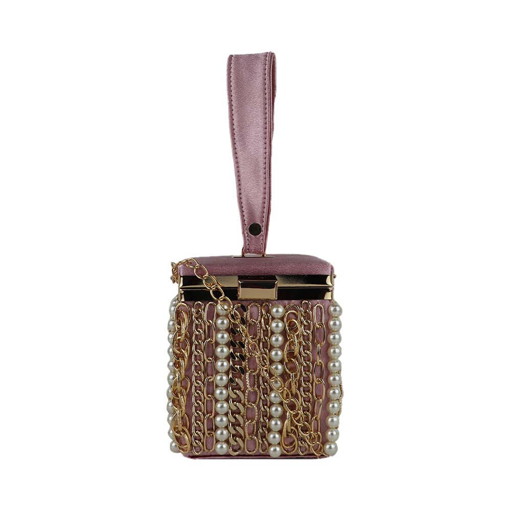 Luxury Velvet Box Potli Bag with Pearl & Gold Chain Detailing
