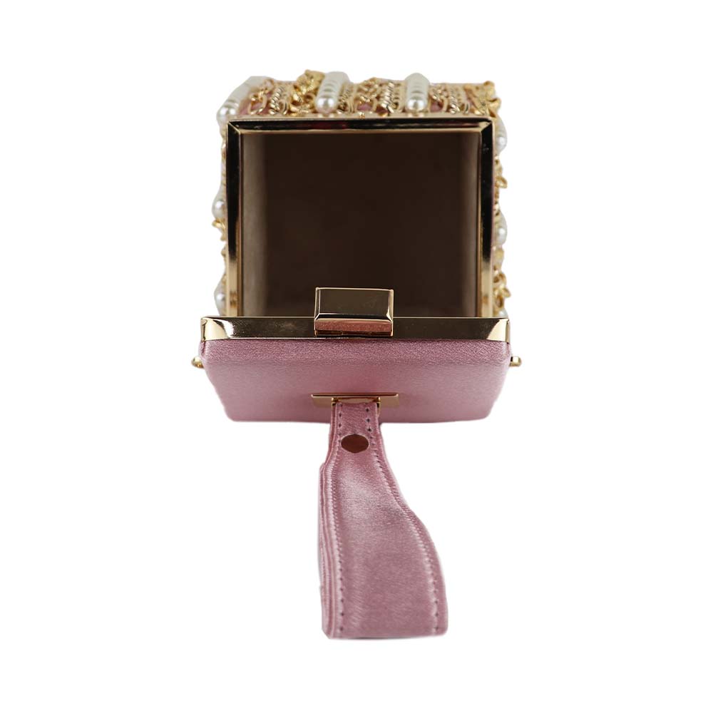 Luxury Velvet Box Potli Bag with Pearl & Gold Chain Detailing