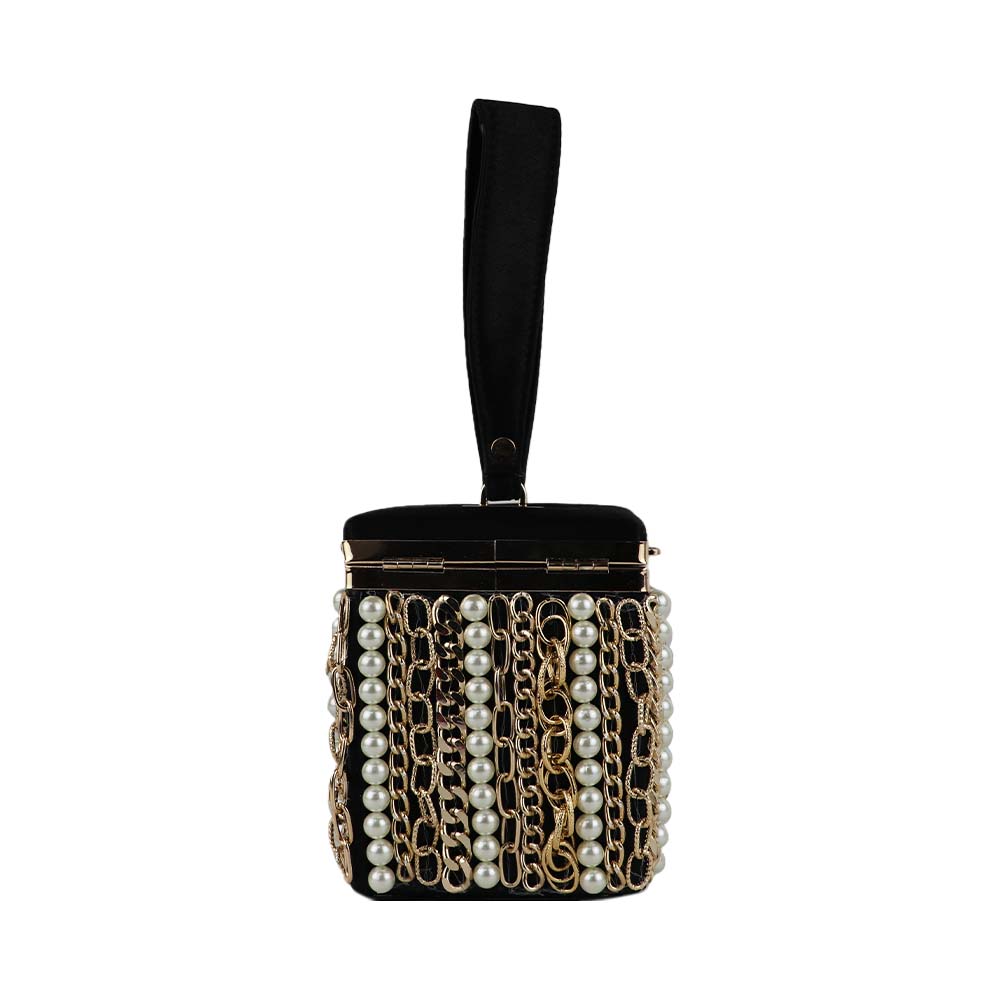 Luxury Velvet Box Potli Bag with Pearl & Gold Chain Detailing