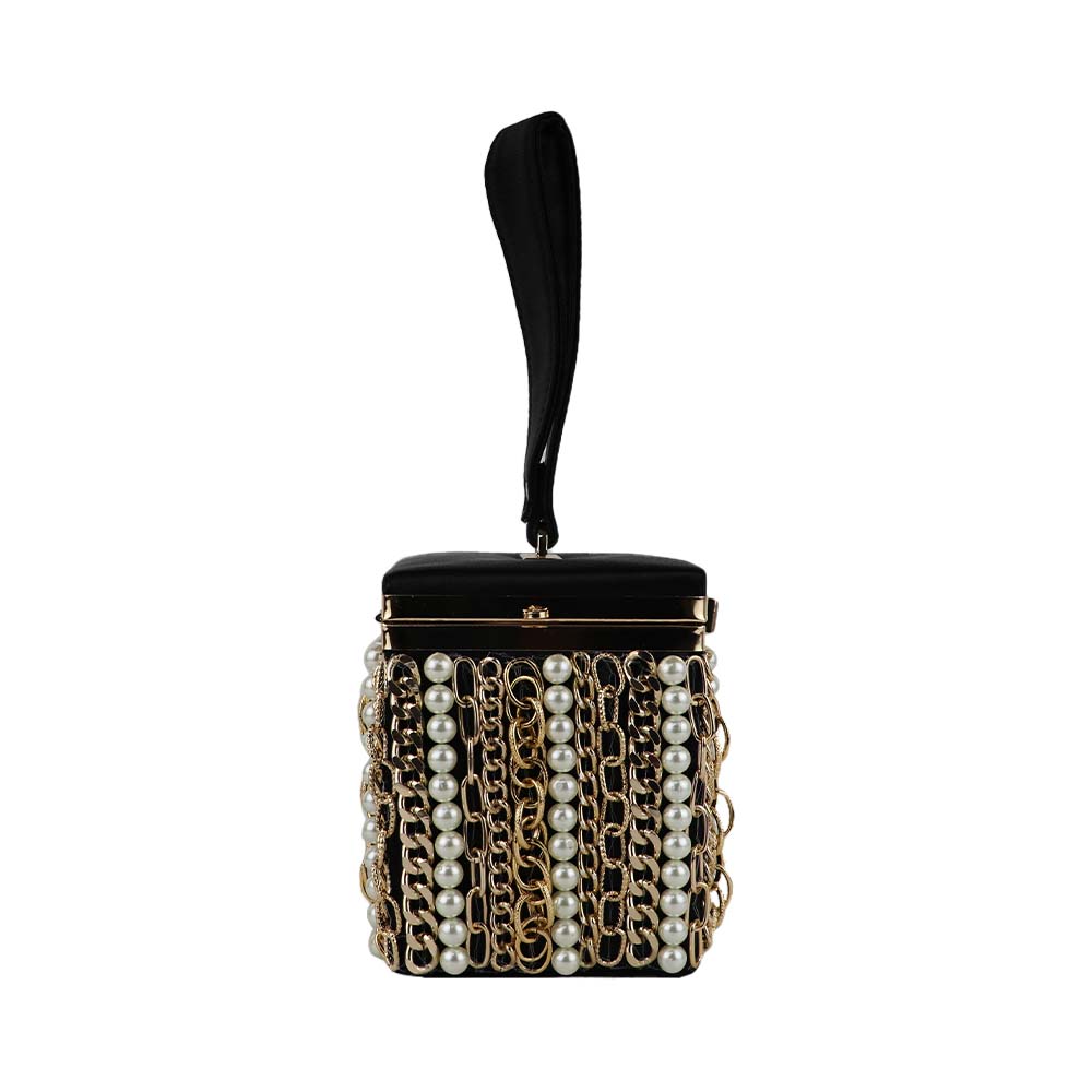Luxury Velvet Box Potli Bag with Pearl & Gold Chain Detailing