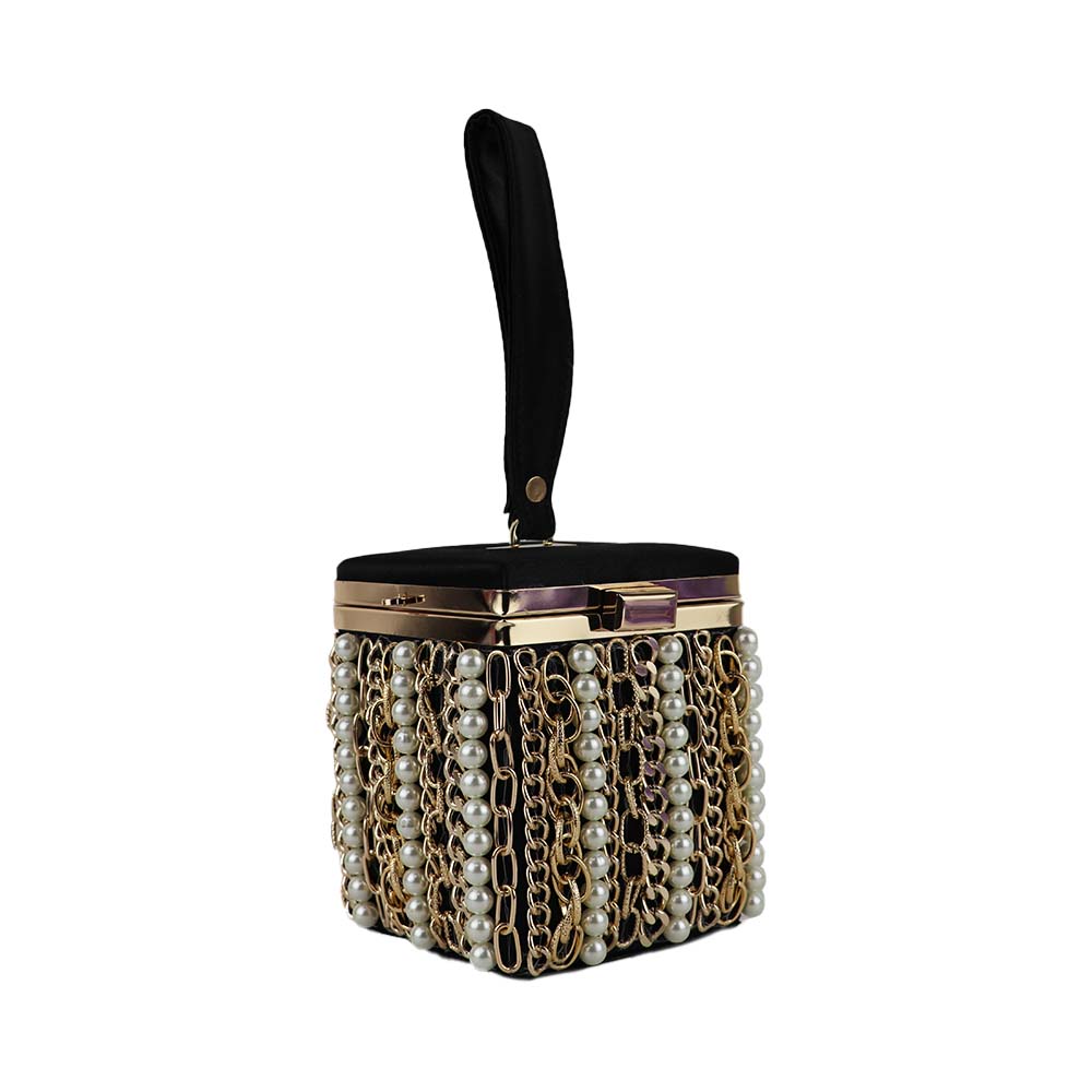 Luxury Velvet Box Potli Bag with Pearl & Gold Chain Detailing