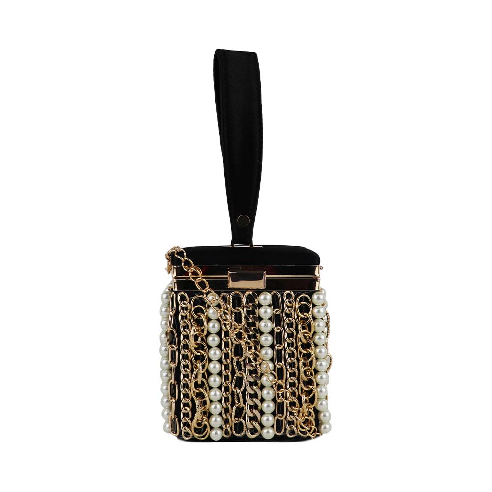 Luxury Velvet Box Potli Bag with Pearl & Gold Chain Detailing