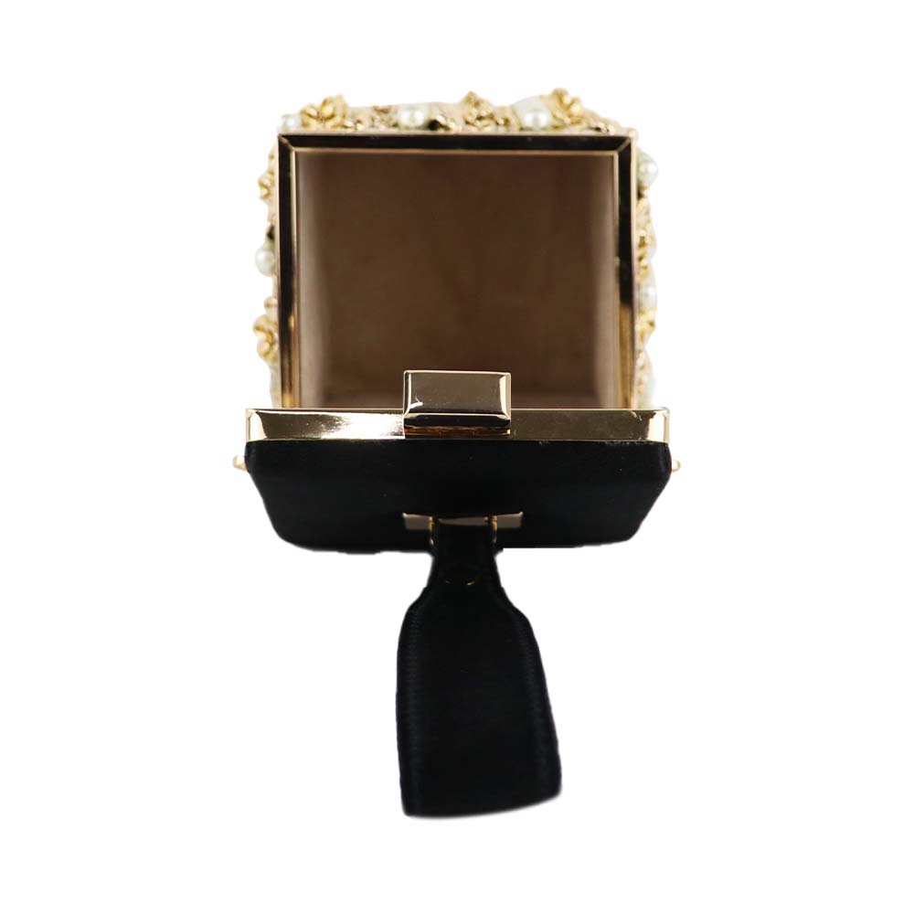 Luxury Velvet Box Potli Bag with Pearl & Gold Chain Detailing