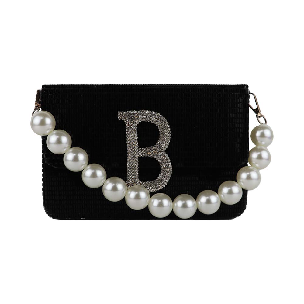 Pearl Strap Clutch with Rhinestone "B" Initial