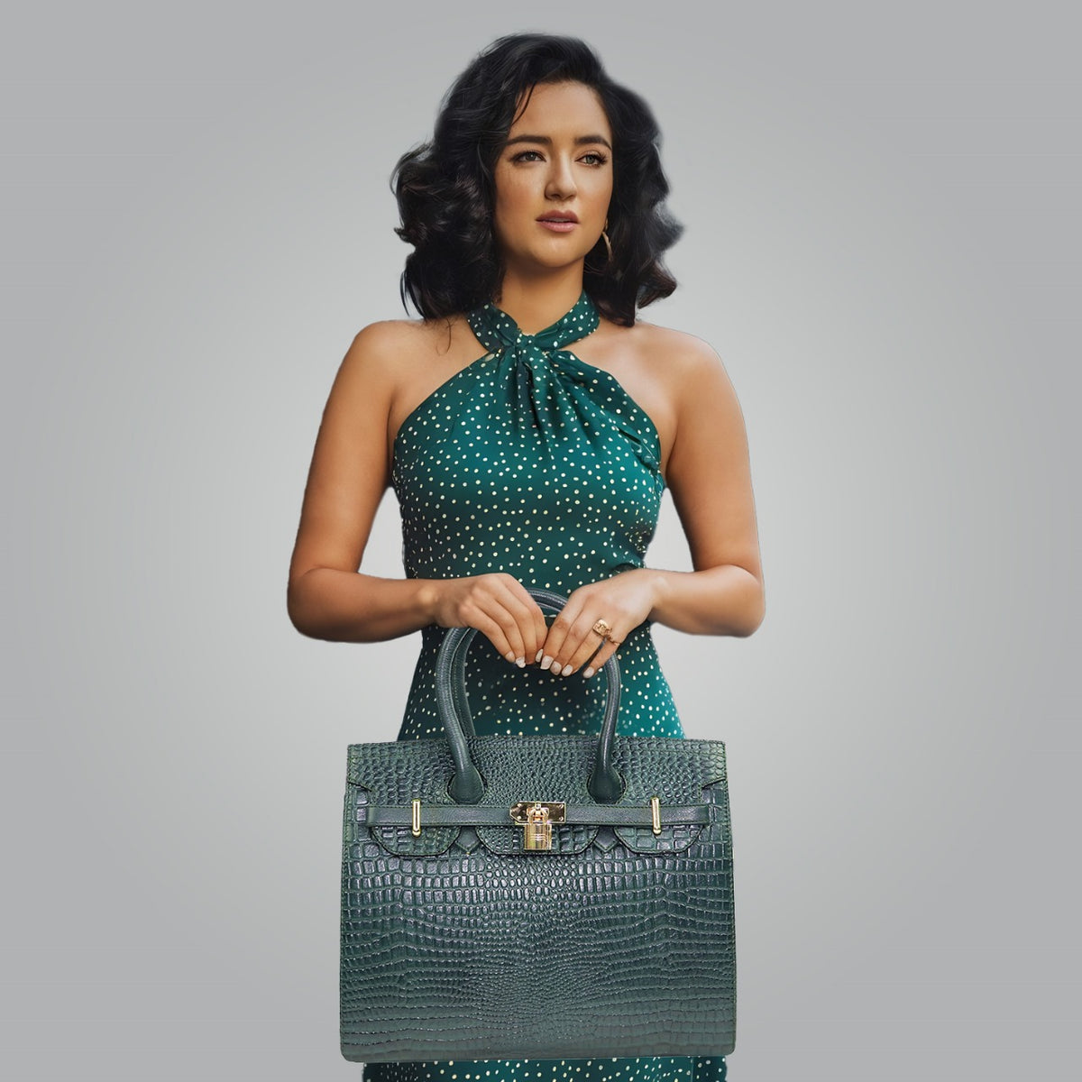 Emerald Green Croc-Embossed Handbag with Gold Lock & Shoulder Strap