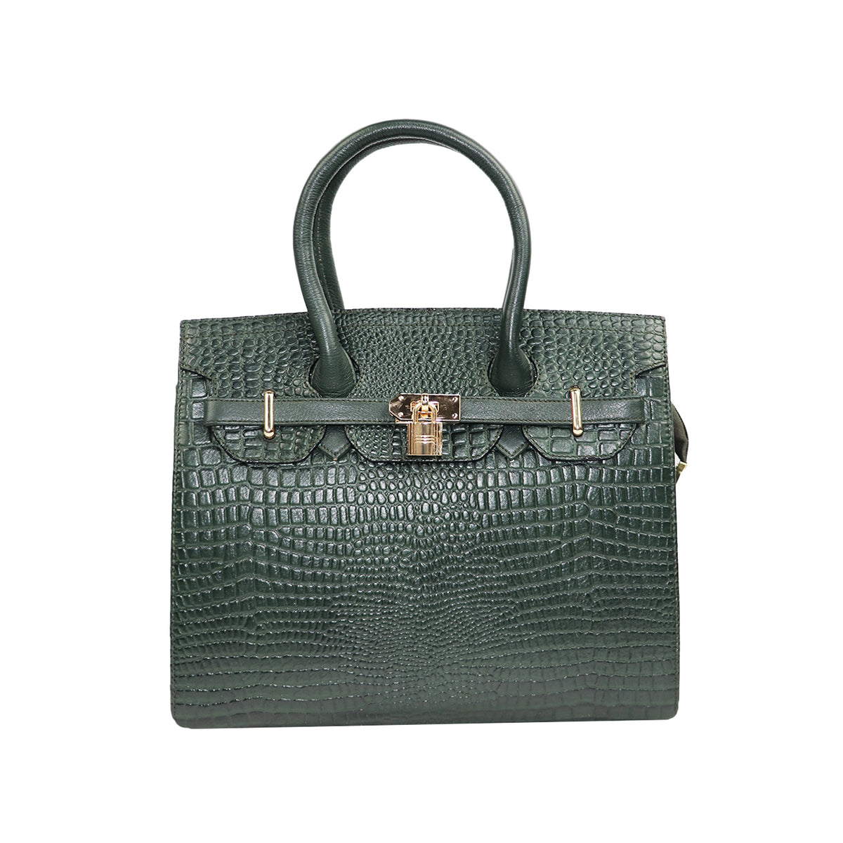 Emerald Green Croc-Embossed Handbag with Gold Lock & Shoulder Strap
