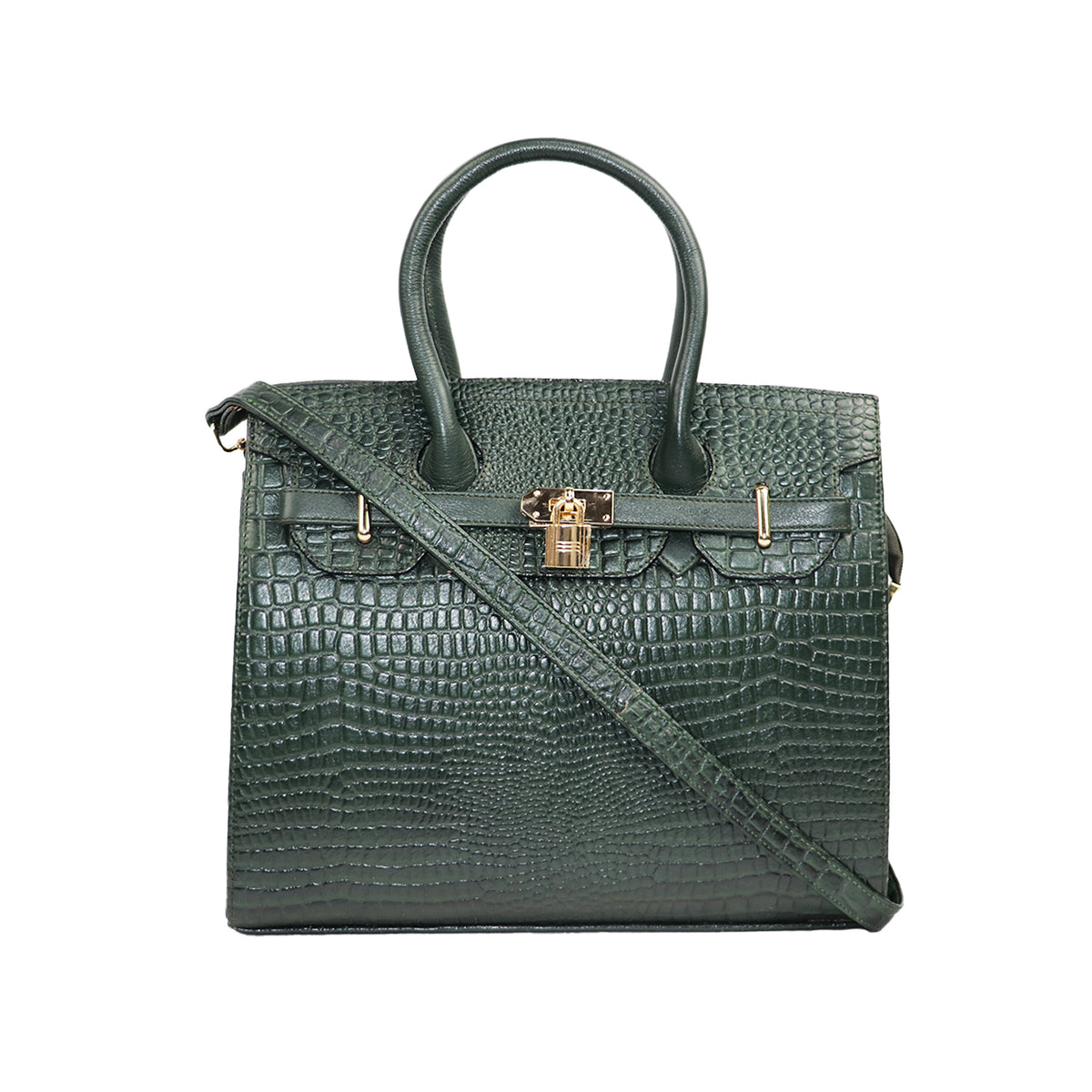 Emerald Green Croc-Embossed Handbag with Gold Lock & Shoulder Strap
