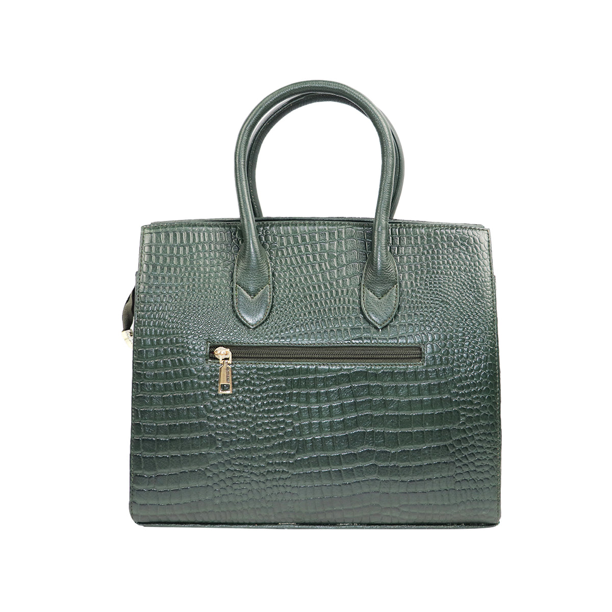 Emerald Green Croc-Embossed Handbag with Gold Lock & Shoulder Strap