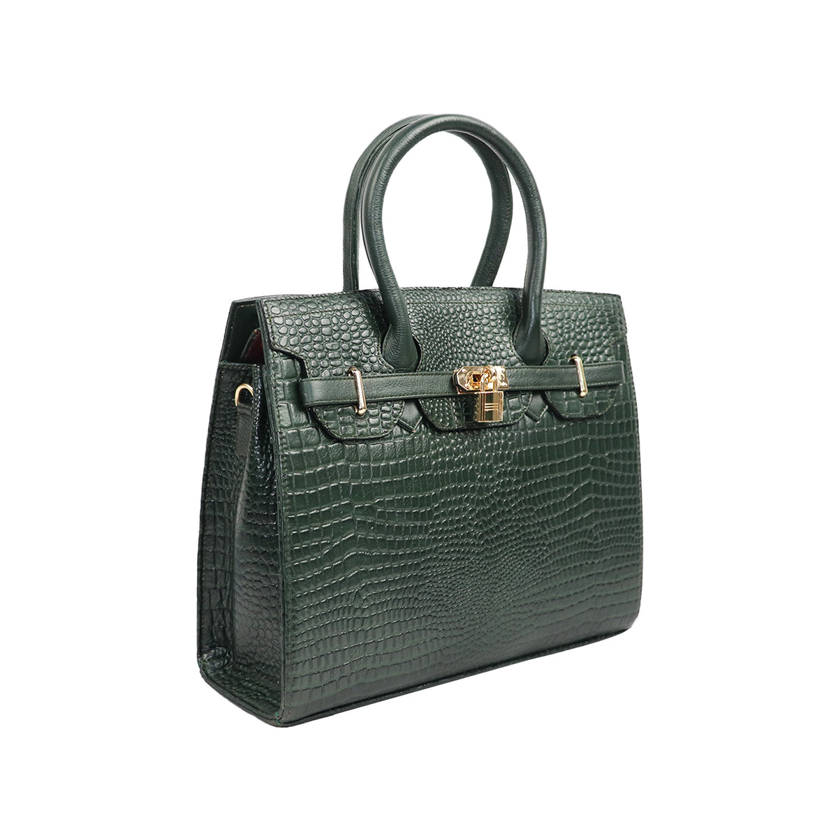 Emerald Green Croc-Embossed Handbag with Gold Lock & Shoulder Strap