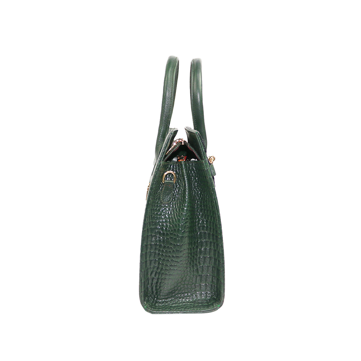 Emerald Green Croc-Embossed Handbag with Gold Lock & Shoulder Strap