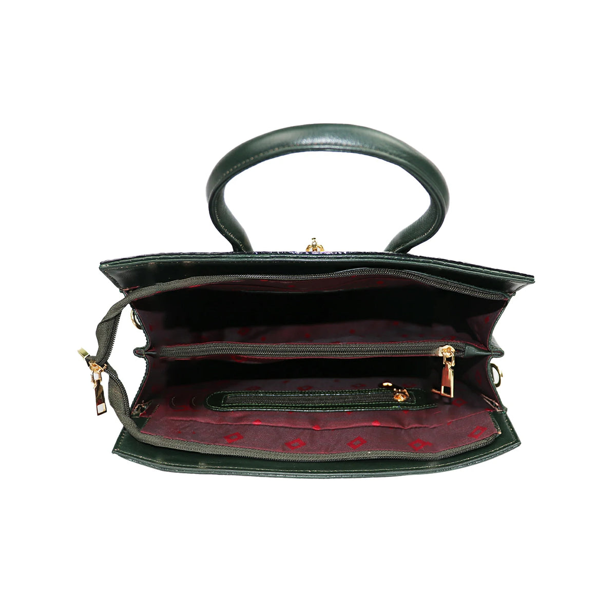 Emerald Green Croc-Embossed Handbag with Gold Lock & Shoulder Strap