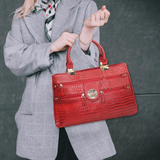 Croc Embossed Handbag with Gold Accents