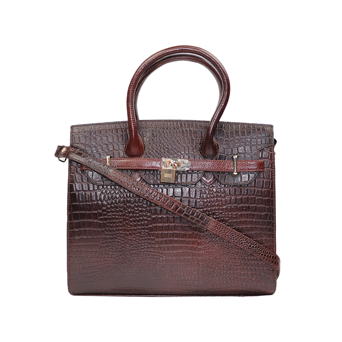 Luxury Croc-Embossed Handbag with Gold Lock & Shoulder Strap