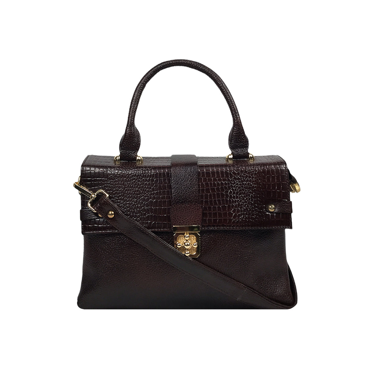 Croc-Texture PU Leather Handbag – Elegant Structured with Gold Lock