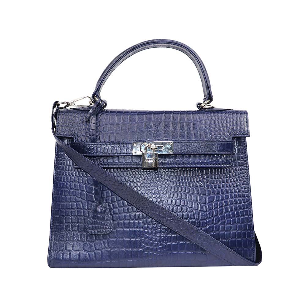 Croc-Embossed Handbag with Silver Lock – Elegant & Timeless