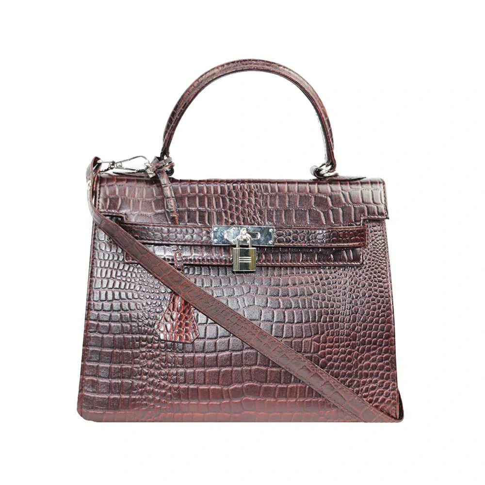 Croc-Embossed Handbag with Silver Lock – Elegant & Timeless