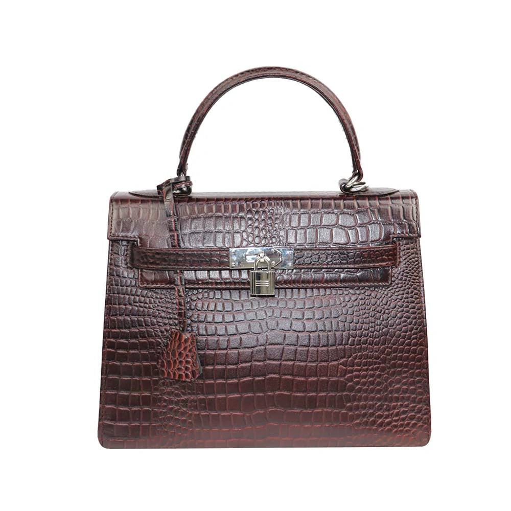 Croc-Embossed Handbag with Silver Lock – Elegant & Timeless
