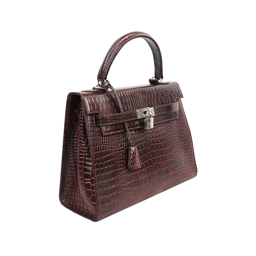 Croc-Embossed Handbag with Silver Lock – Elegant & Timeless