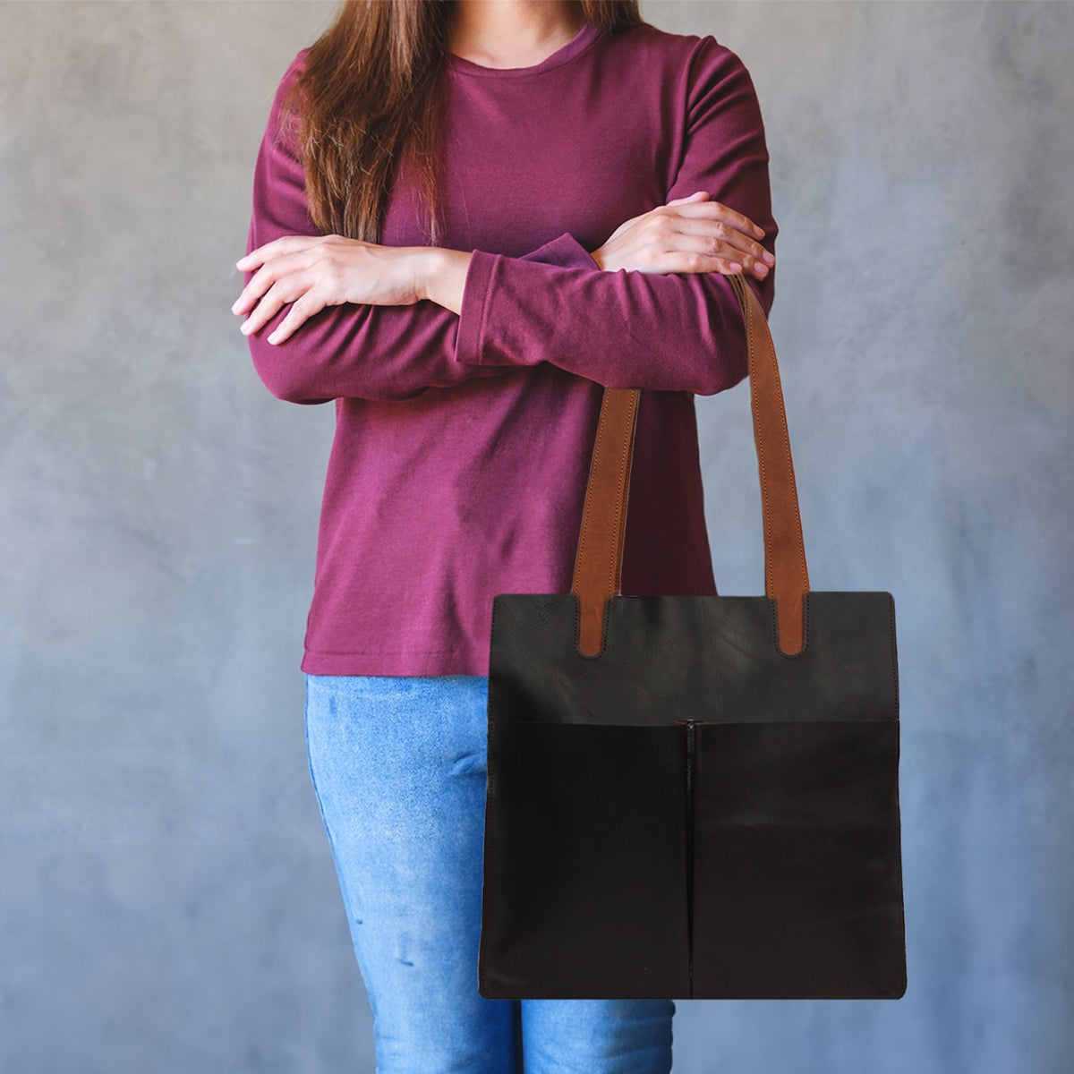 Rustic PU Leather Tote Bag with Black Handles – Stylish & Functional