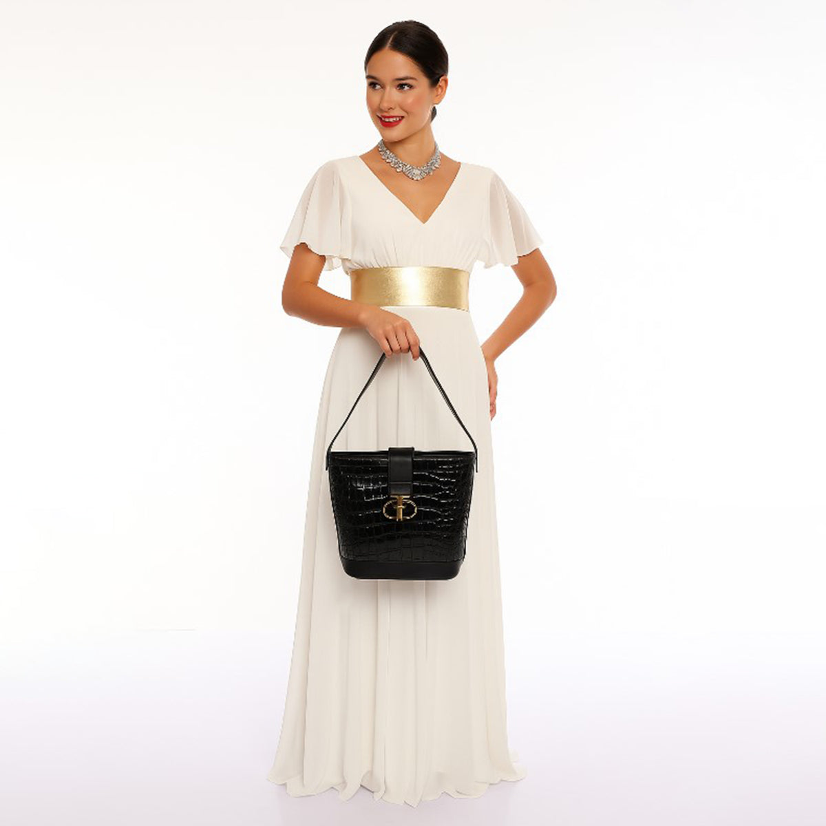 Black Croc Textured Handbag & Wallet Set for Women