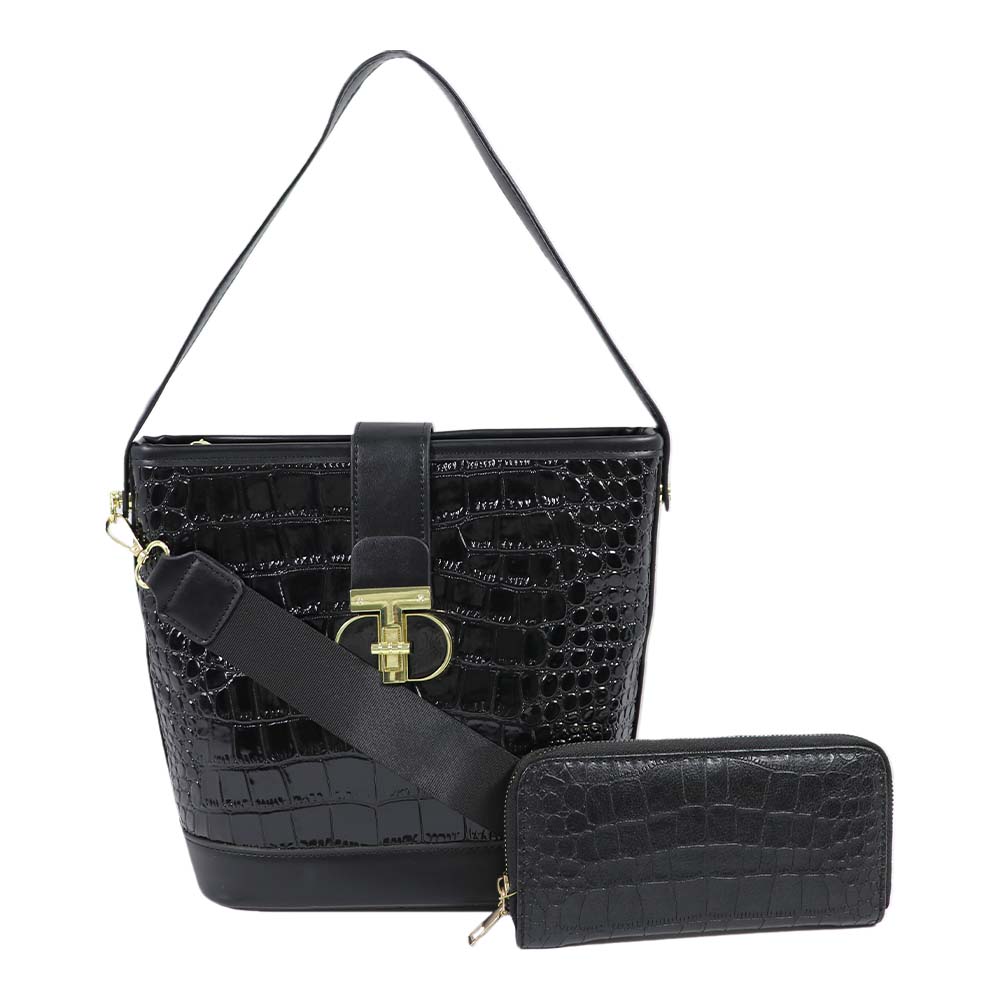Luxury Black Croc-Textured Handbag & Wallet Set – Elegant Shoulder Bag for Women