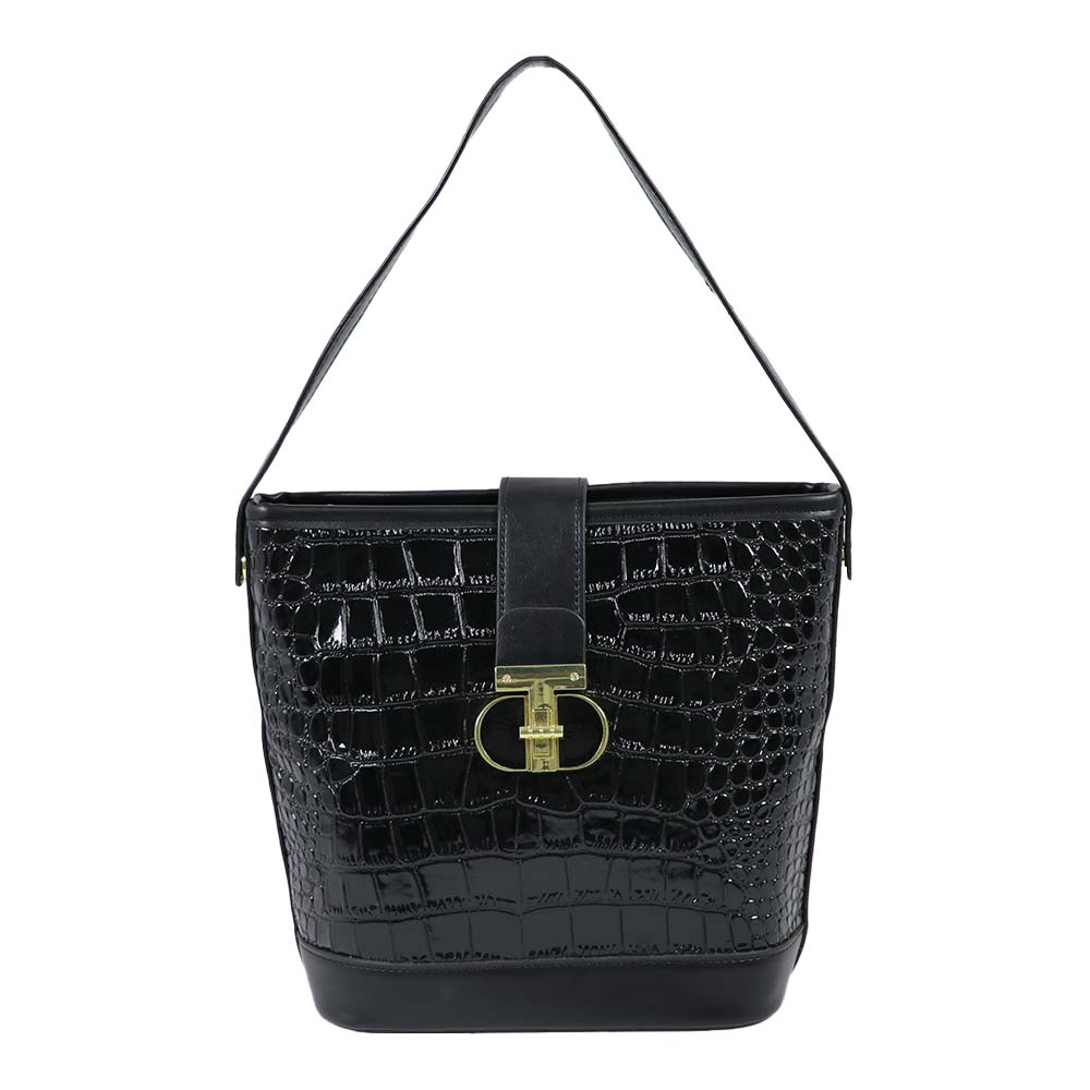 Luxury Black Croc-Textured Handbag & Wallet Set – Elegant Shoulder Bag for Women