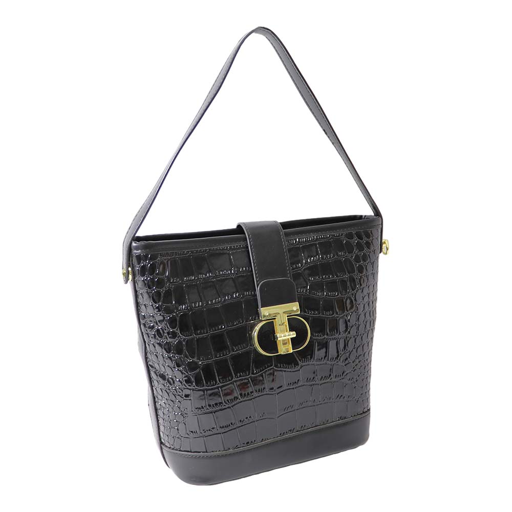 Luxury Black Croc-Textured Handbag & Wallet Set – Elegant Shoulder Bag for Women
