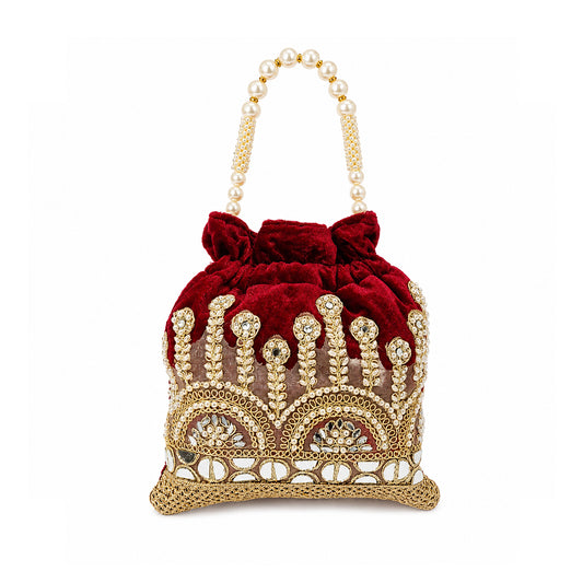 Embroidered Potli Bag with Pearl Beaded Handle & Mirror Work Bag