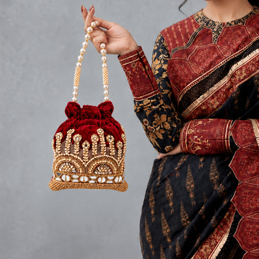 Embroidered Potli Bag with Pearl Beaded Handle & Mirror Work Bag