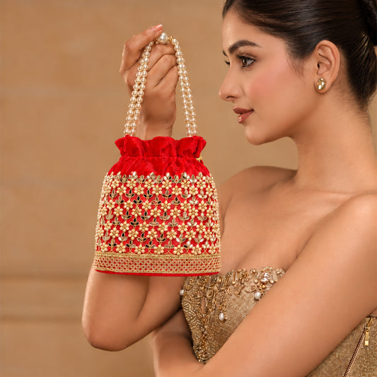 Embroidered Potli Bag with Pearl Beaded Handle & Mirror Work Bag