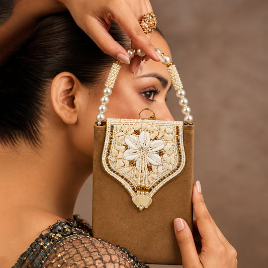 Women's Embroidered Ethnic Mobile Pouchwith Gold Chain Strap | Festive & Traditional
